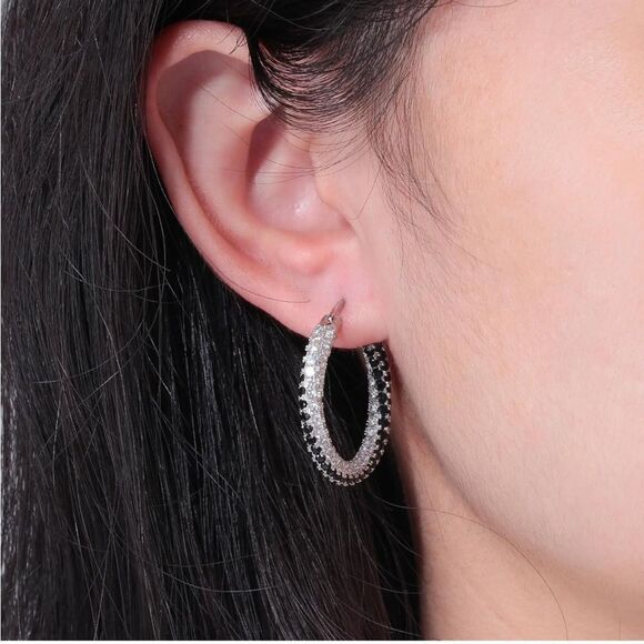 14K White Gold 925 Silver Black Onyx and Diamond Cubic Zirconia Hoop Earrings - Picture 5 of 6